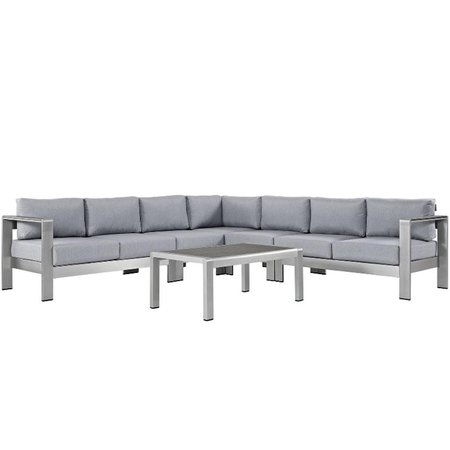 MODWAY Shore Outdoor Patio Aluminum Sectional Sofa Set, Silver and Gray - 6 Piece EEI-2561-SLV-GRY